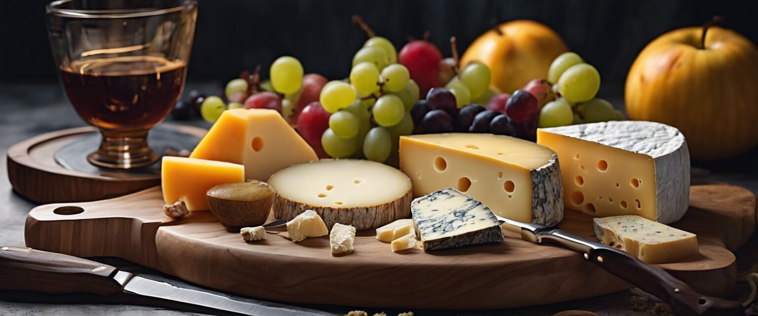 Wooden cheese board with assorted cheeses and accessories.